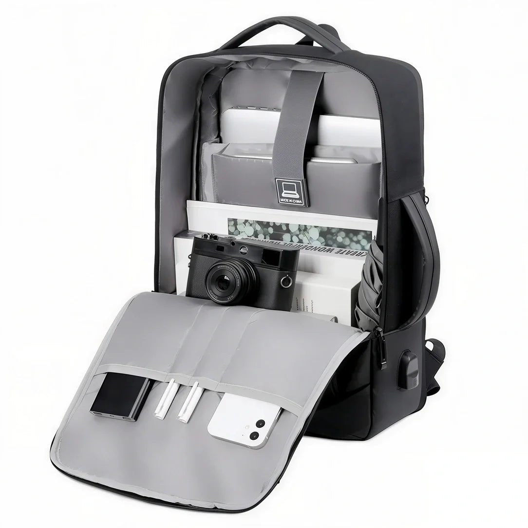 Sac à dos ordinateur extensible 17 pouces noir ouvert avec électronique et appareil photo
