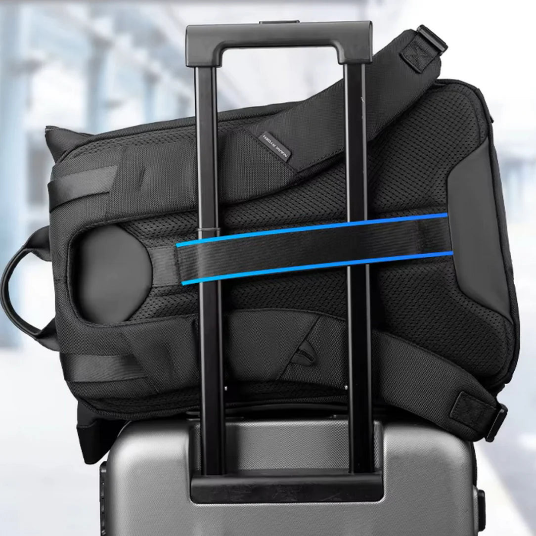 Sac à dos ordinateur imperméable homme avec manchette trolley attachée à une valise