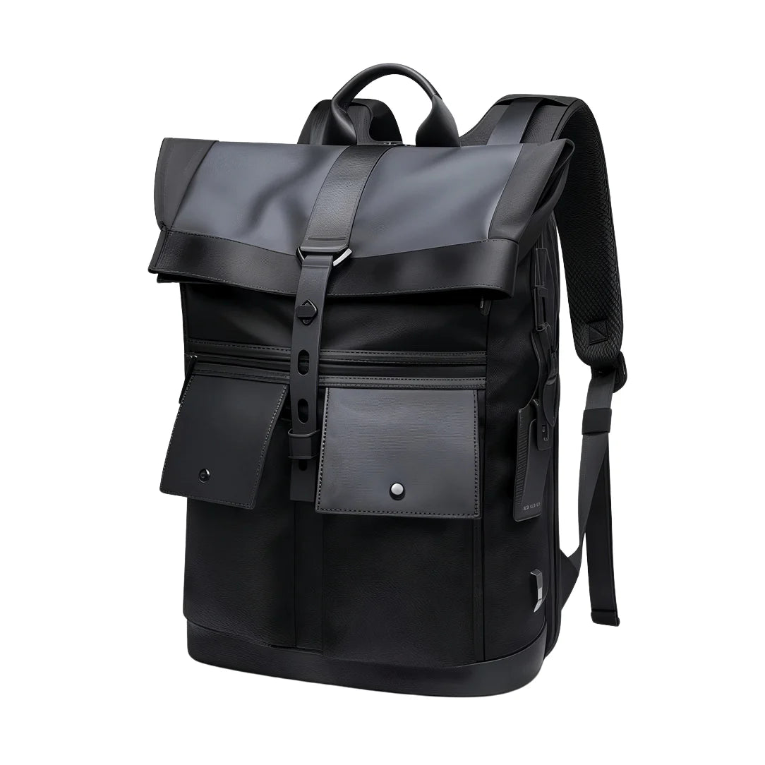 Sac à dos ordinateur imperméable homme en noir avec rabat et poches frontales