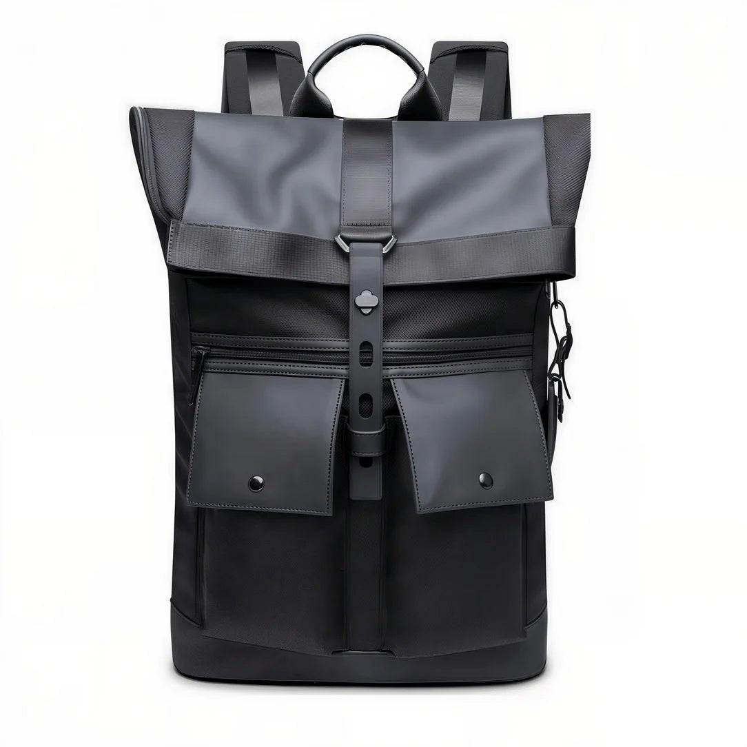 Sac à dos ordinateur imperméable homme noir avec poches frontales et boucle de fermeture