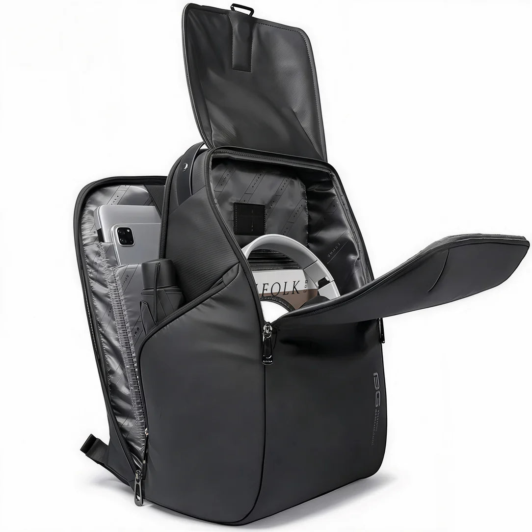 Sac à dos ordinateur pour femme ergonomique noir avec compartiments ouverts pour électronique