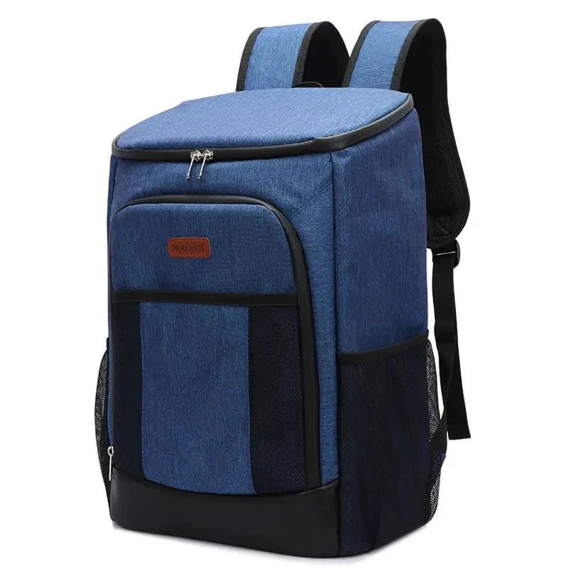 Sac à dos picnic isotherme bleu isolé avec plusieurs poches pour accessoires