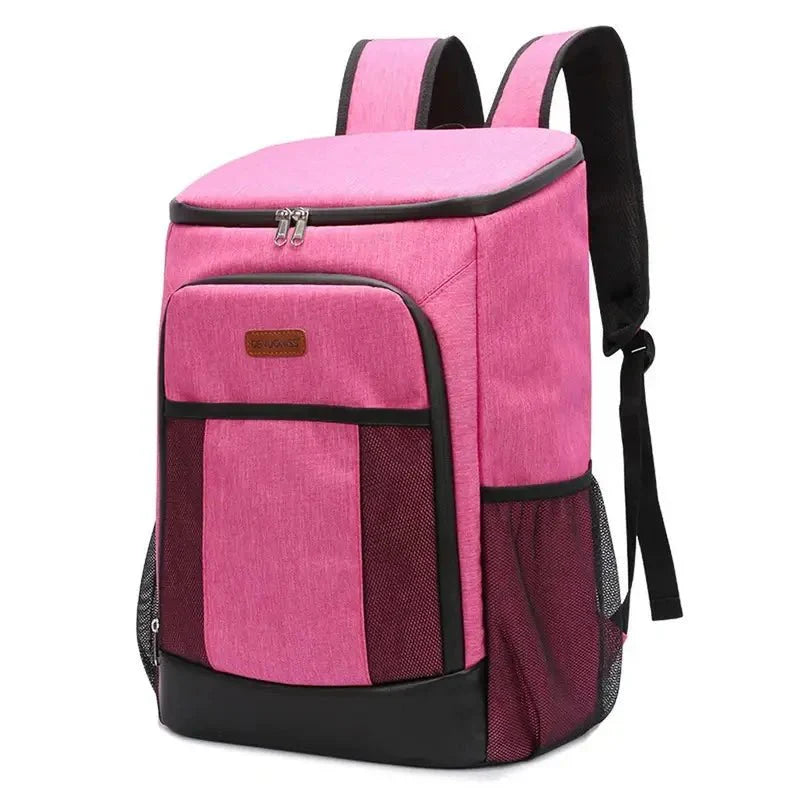 Sac à dos pique-nique isotherme rose avec accents noirs et poches en mesh
