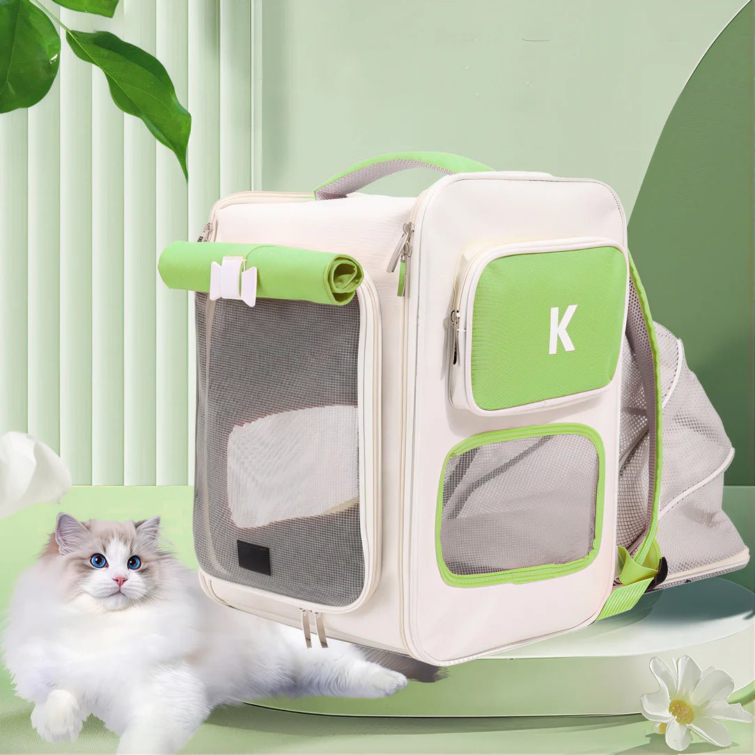 Sac à dos pour chat portable ventilé, blanc et vert avec fenêtres en mesh et extension latérale