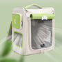 Sac à dos pour chat portable ventilé en blanc et vert avec fenêtres en mesh et store roulé
