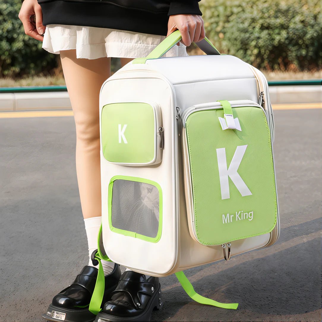 Sac à dos pour chat portable ventilé en blanc et vert citron avec poches et fenêtres en mesh