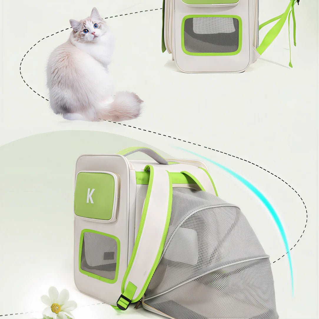 Sac à dos pour chat portable ventilé avec porte-bébé vert clair et tente en mesh