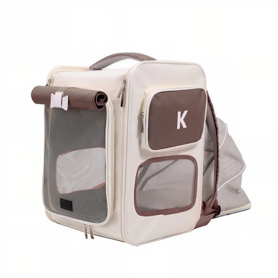 Sac à dos pour chat portable ventilé en crème et marron avec fenêtres en mesh
