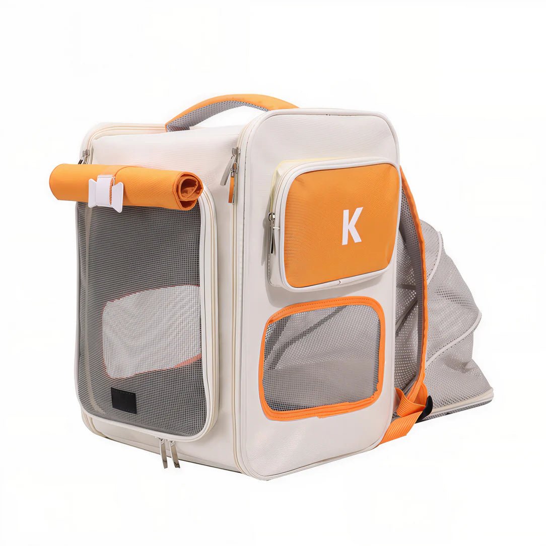 Sac à dos pour chat portable ventilé en crème et orange avec fenêtres en mesh
