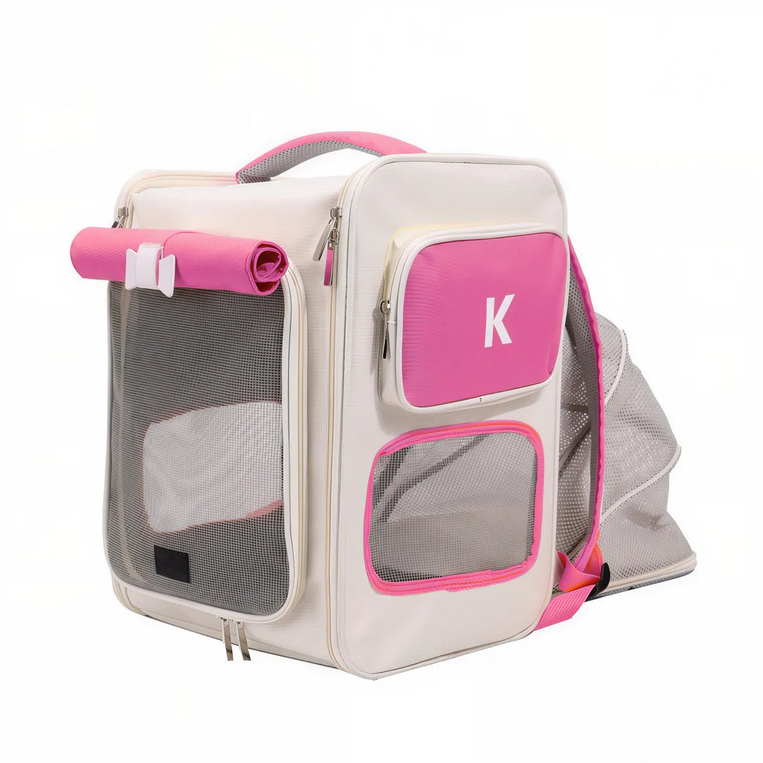Sac à dos pour chat portable ventilé avec porte blanche et rose et fenêtres en mesh