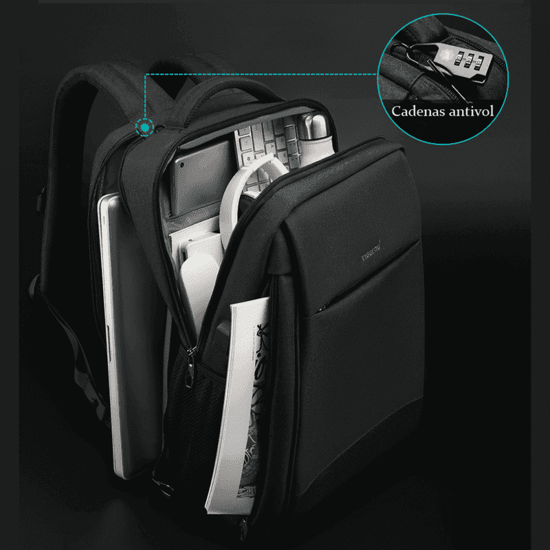 Sac à dos pour ordi portable noir anti-vol avec plusieurs compartiments pour électronique