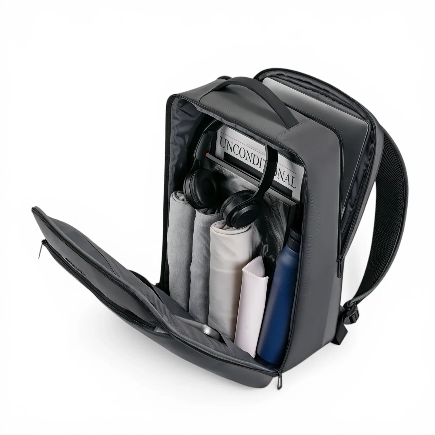 Sac à dos Kings KM7 noir avec compartiments organisés, casque, bouteille bleue