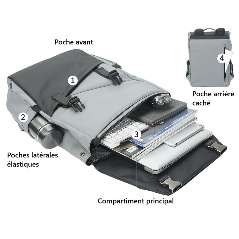 Sac à dos à rabat 16 pouces Tiger Lyra gris et noir avec compartiments pour électronique