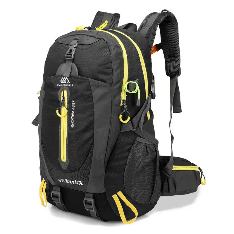 Sac à dos randonnée 30L noir avec accents jaunes, idéal pour l’aventure en plein air