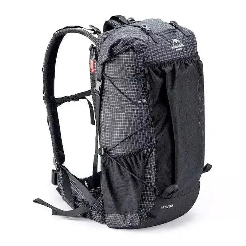Sac à dos randonnée 60L noir et blanc avec grille, multiples poches et sangles