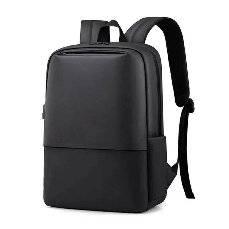 Sac à dos rectangulaire homme noir minimaliste avec poche zippée frontale et port USB