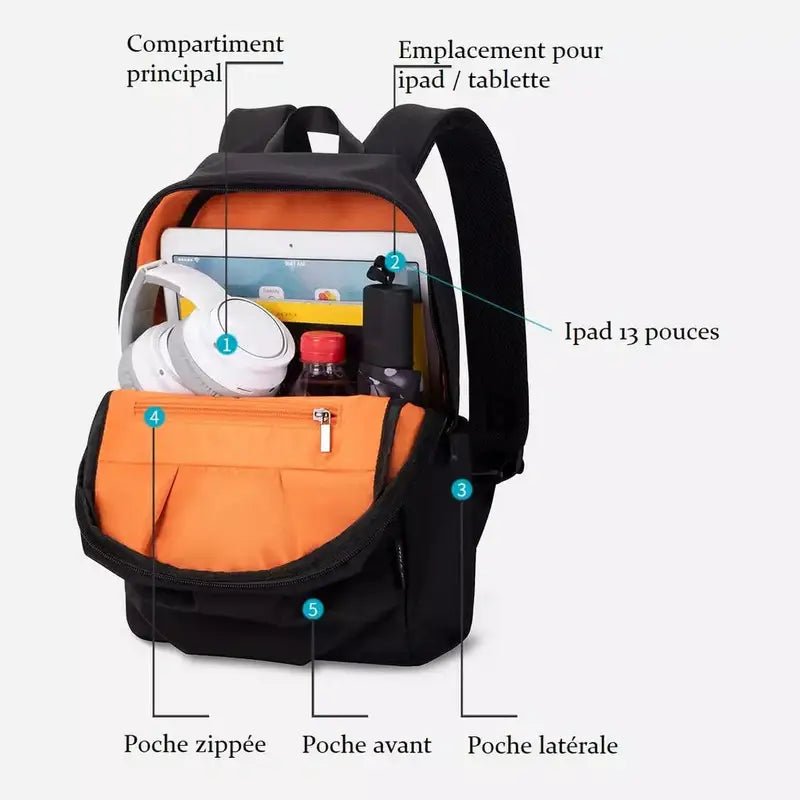 Sac à dos rentrée ouvert noir avec compartiments orange intérieur pour école et voyage