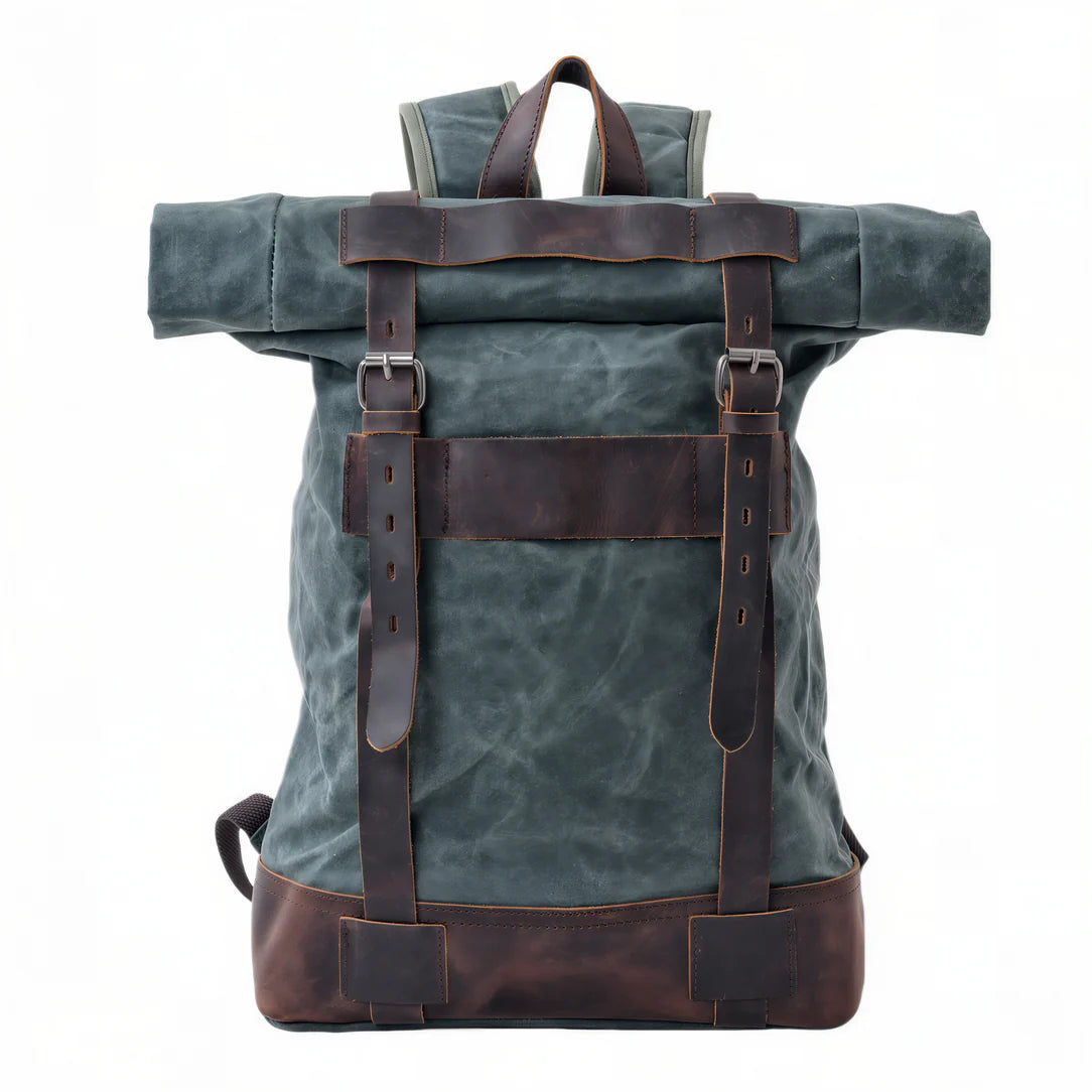Sac à dos rétro Ruston en tissu teal foncé avec bretelles en cuir marron foncé