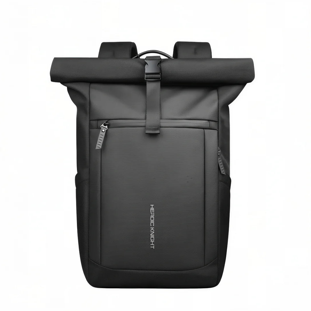 Sac à dos roll top noir avec poche zippée frontale et boucle de fermeture