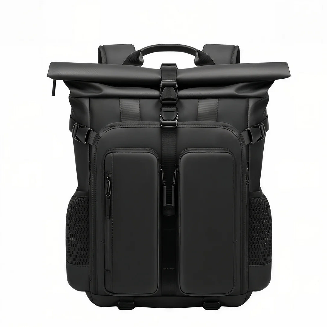 Sac à dos roll top de voyage noir avec poches extérieures et boucles de fermeture