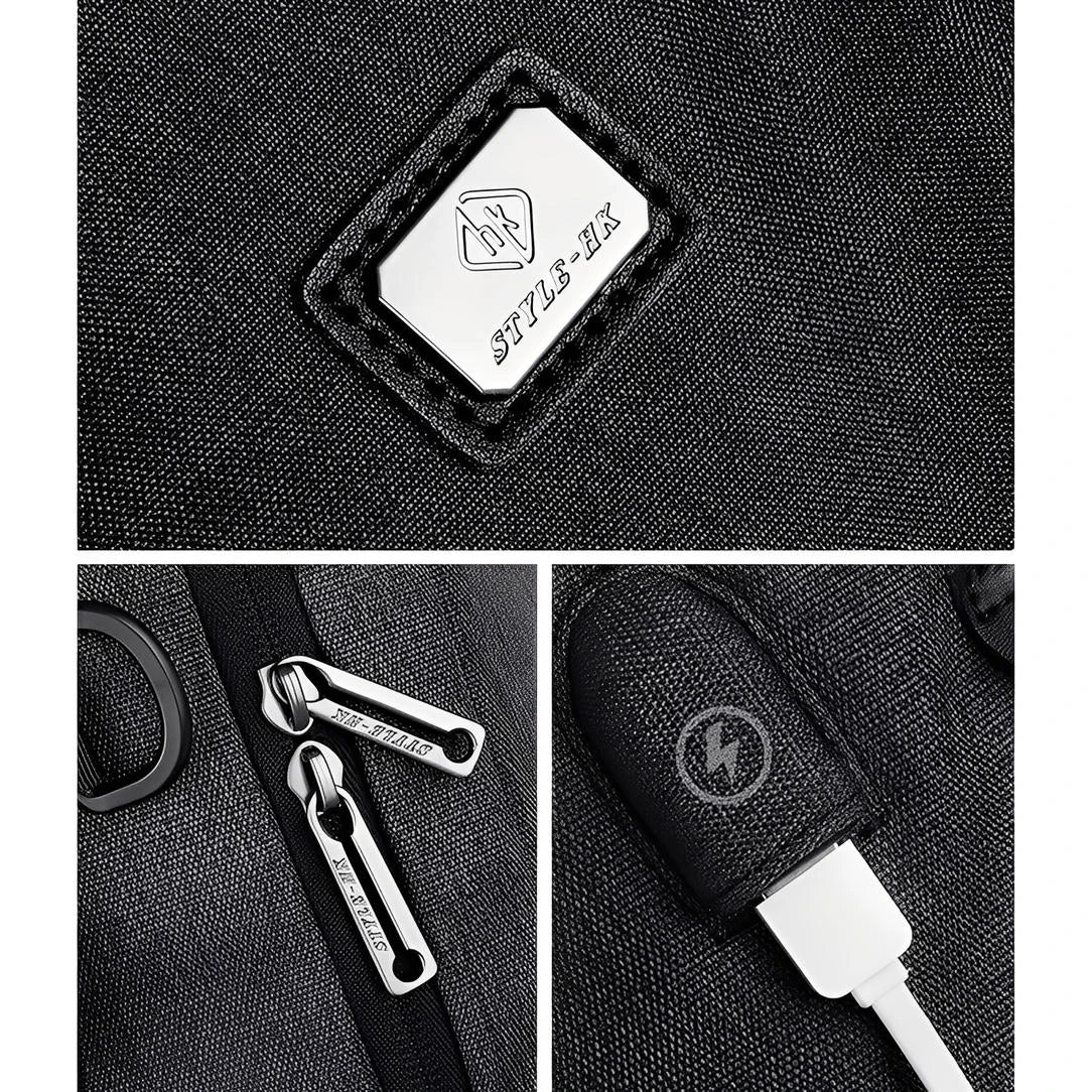 Sac à dos homme en tissu noir avec fermeture éclair métallique et port de charge USB