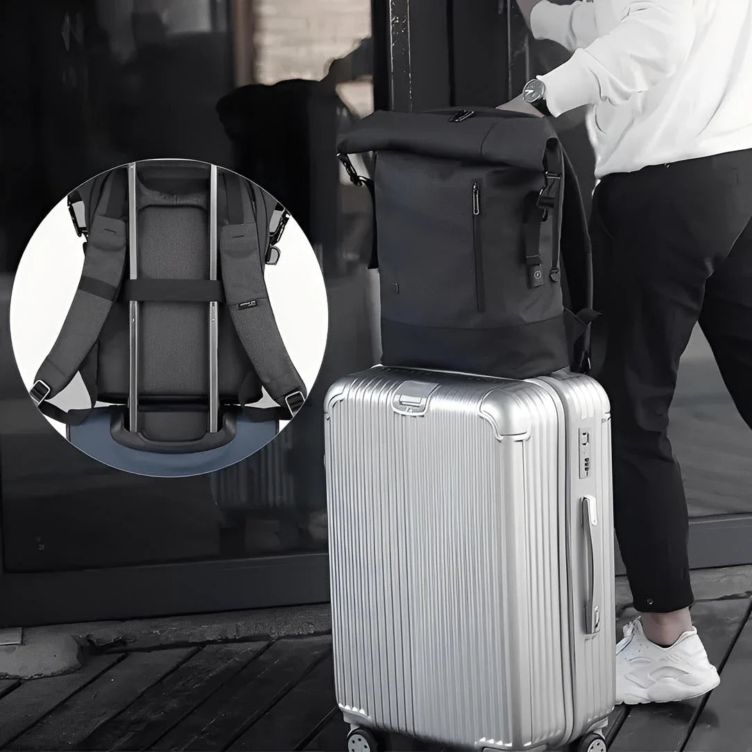 Sac à dos roll top homme HK21 noir avec sangle de bagage pour valise en aluminium