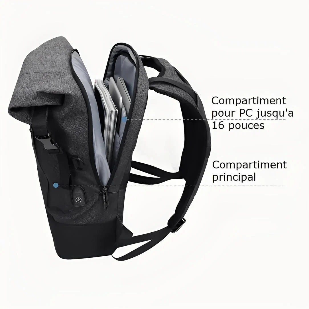 Sac à dos roll top homme HK21 noir ouvert avec ordinateur portable et compartiments principaux