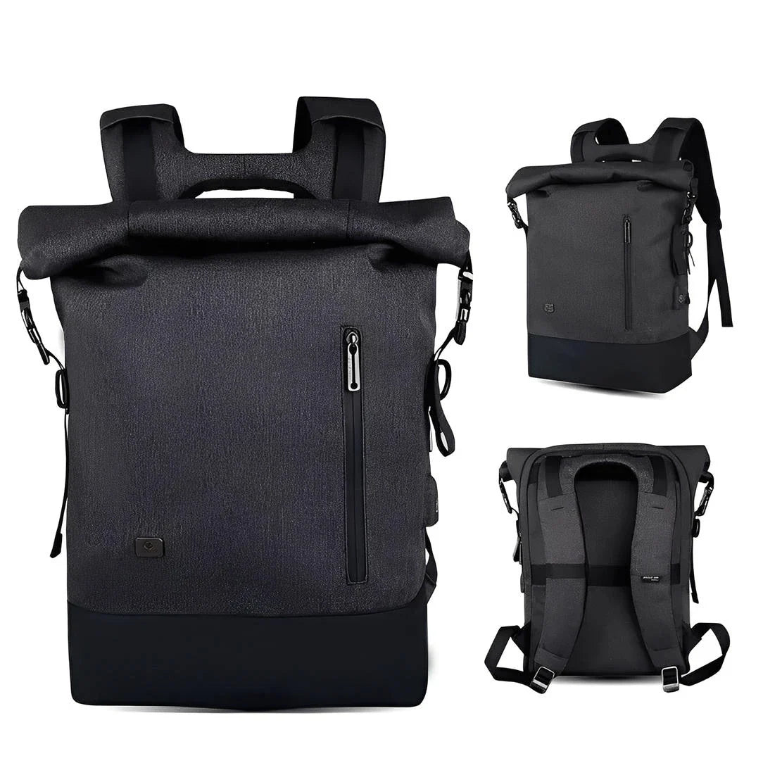 Sac à dos roll top homme noir avec poche zippée frontale et bretelles ajustables