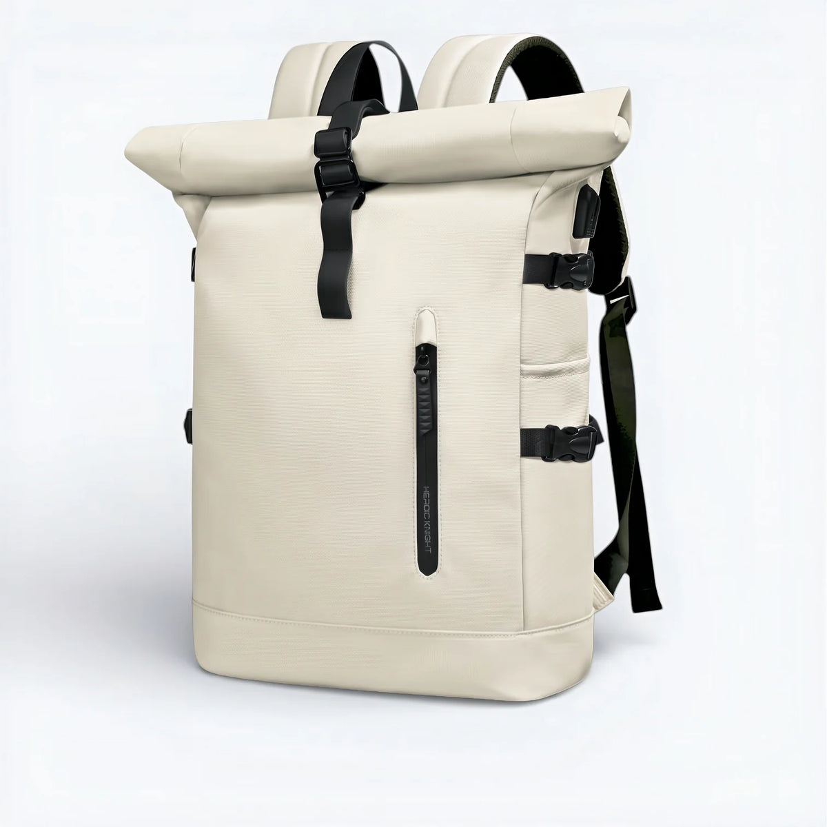 Sac à dos roll-top imperméable beige avec sangles et boucles noires