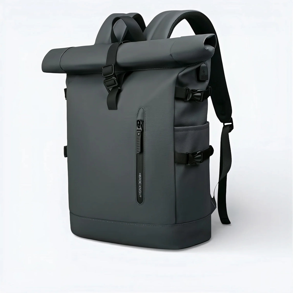 Sac à dos roll-top imperméable gris foncé, design moderne sleek