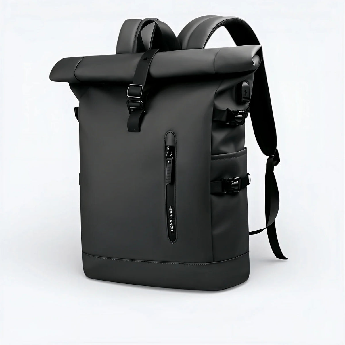 Sac à dos roll-top noir imperméable, design moderne et tissu durable