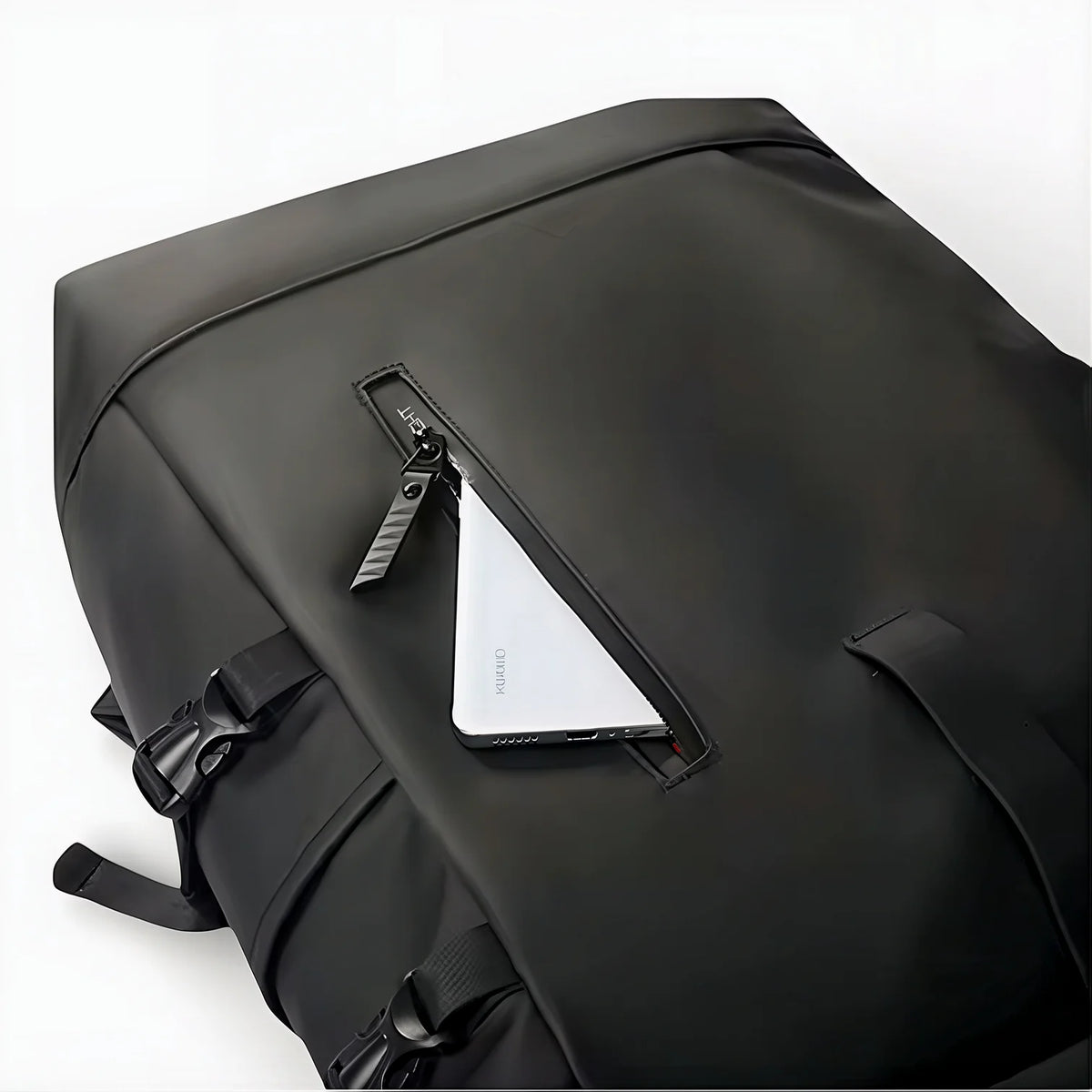 Sac à dos roll top imperméable noir en nylon avec ordinateur portable argenté