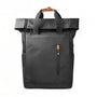 Sac à dos roll top noir avec accents en cuir marron et multiples poches
