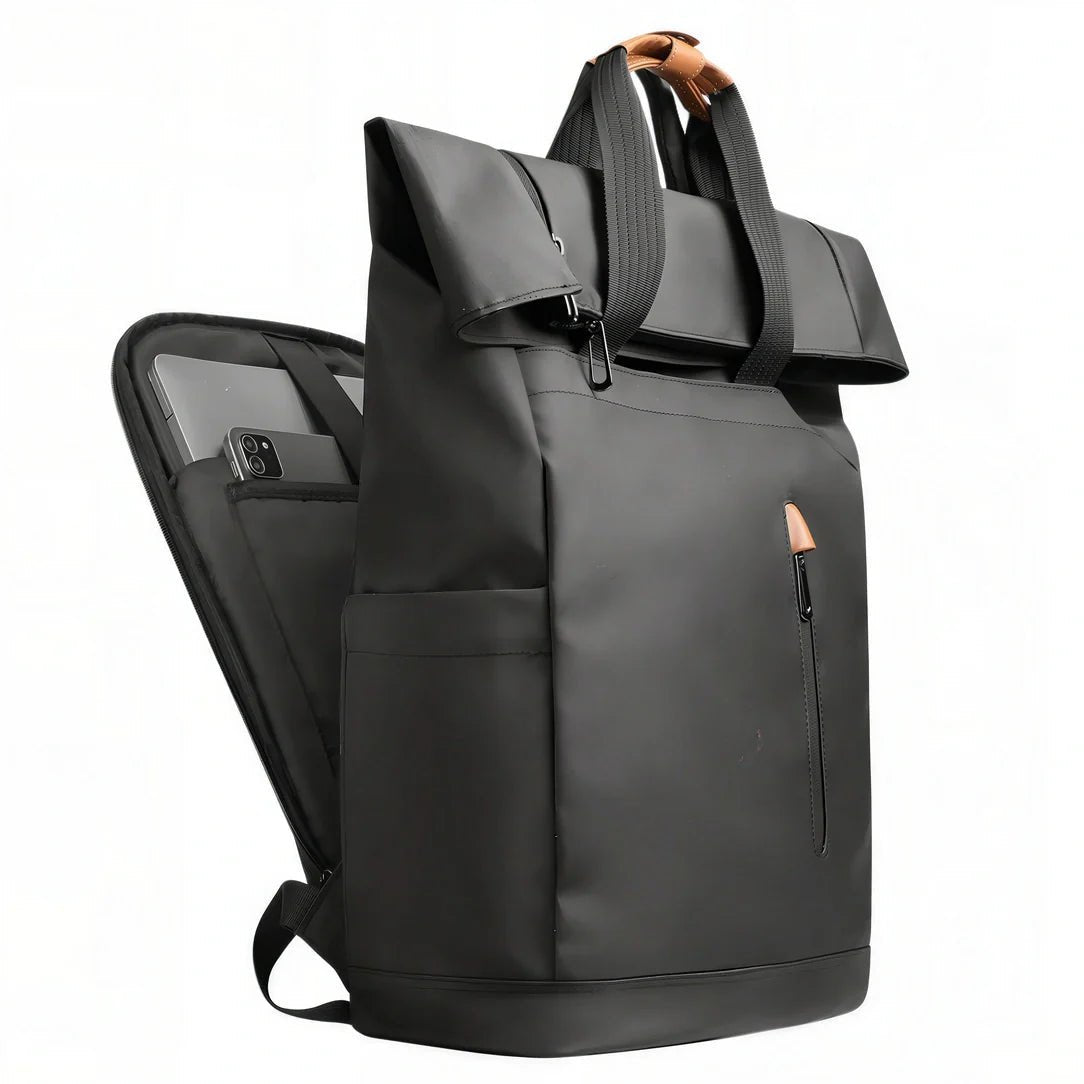 Sac à dos roll top noir avec compartiment pour PC 15,6 pouces et plusieurs poches
