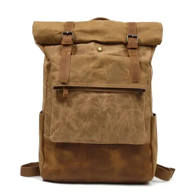 Sac à dos vintage en toile cirée et cuir avec fermeture à boucle et poche avant