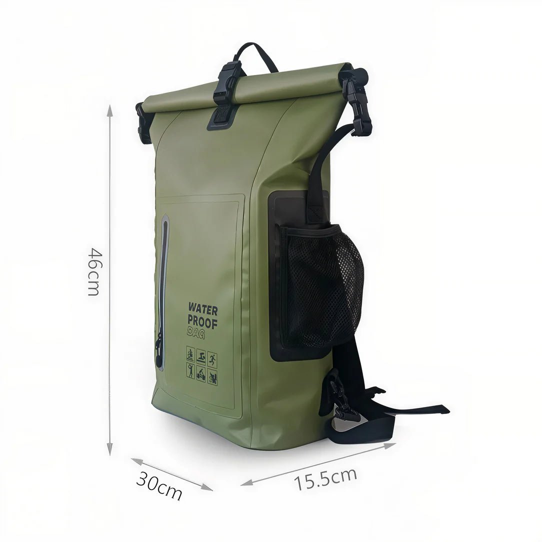 Sac à dos étanche vert olive avec rouleau et poche latérale en mesh IPX6