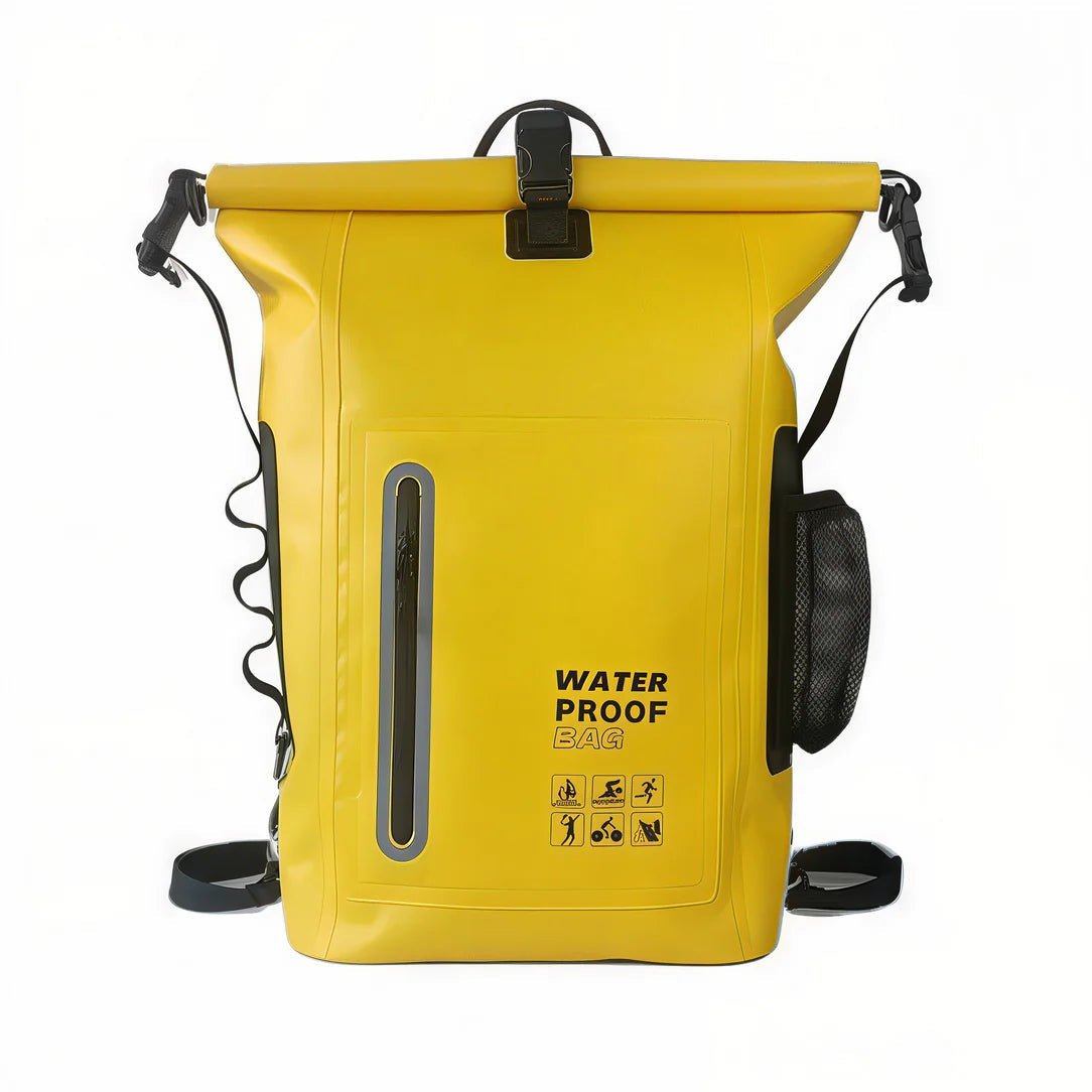 Sac à dos waterproof jaune avec rouleau, poche latérale en mesh et bande réfléchissante