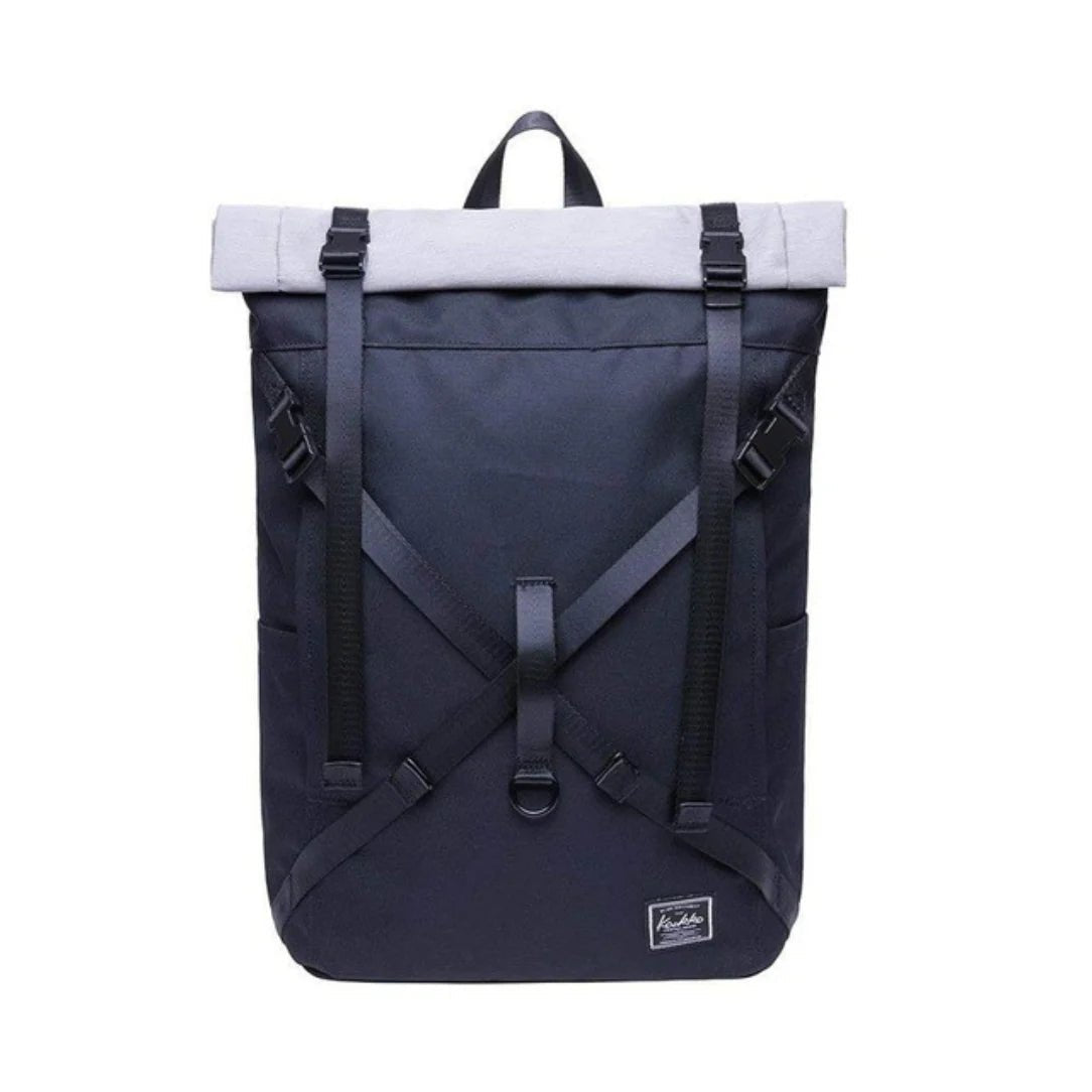 Sac à dos rolltop Caellum avec corps bleu foncé, rabat gris clair et multiples bretelles