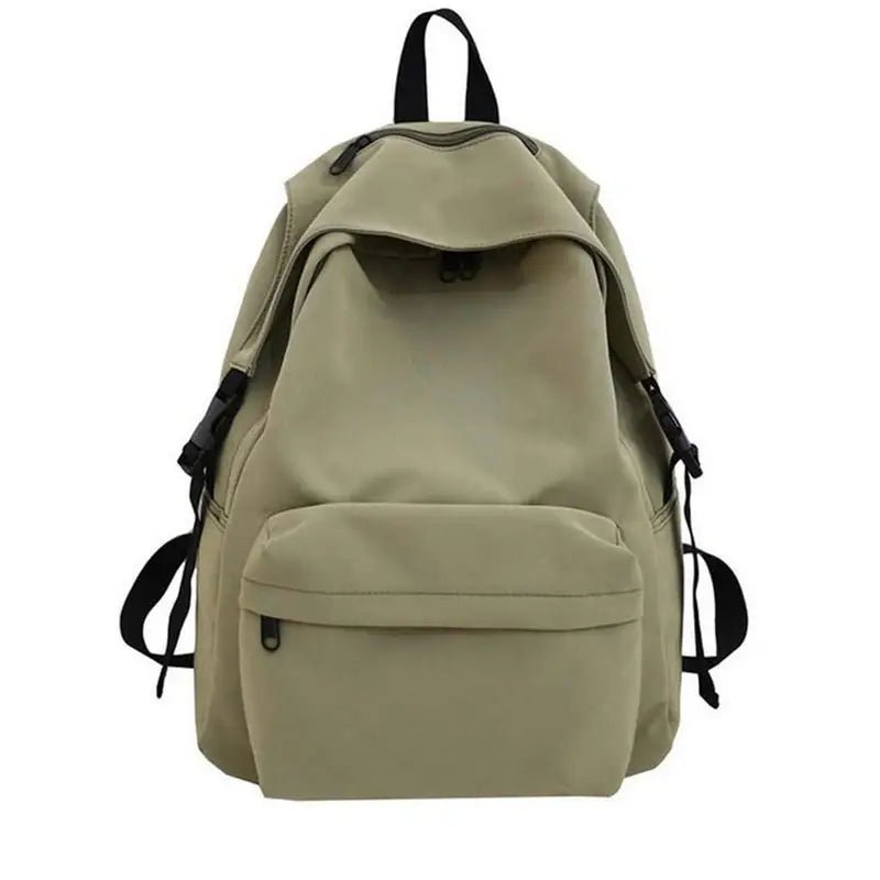 Sac à dos scolaire vert kaki en nylon avec plusieurs compartiments zippés et bretelles ajustables