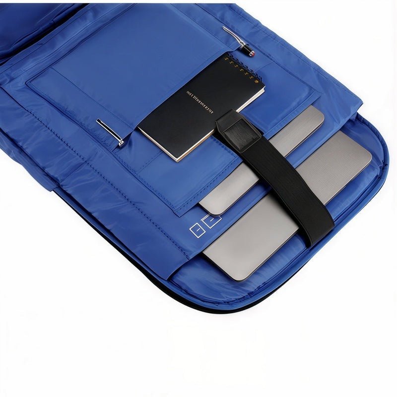 Housse d’ordinateur portable bleue avec plusieurs compartiments et sangle de sécurité