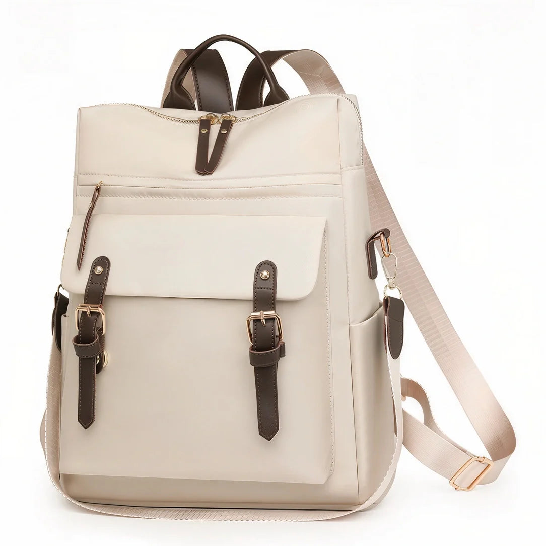Sac à dos Sirocco beige avec accents cuir marron et laiton rose doré