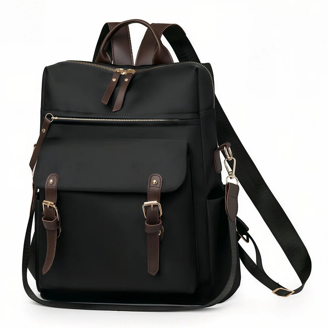 Sac à dos Sirocco en toile noire avec accents cuir marron