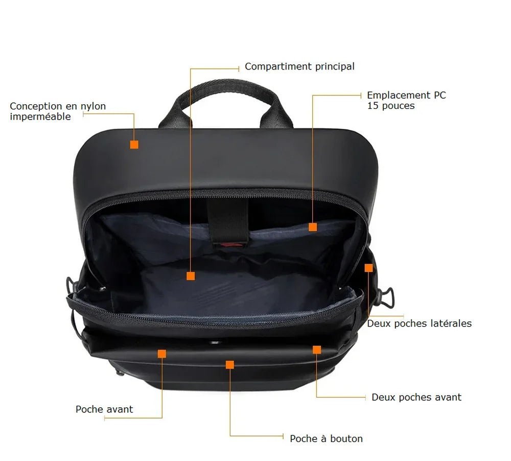 Sac à dos solide noir étanche en nylon avec compartiments et poche pour ordinateur portable de 15 pouces
