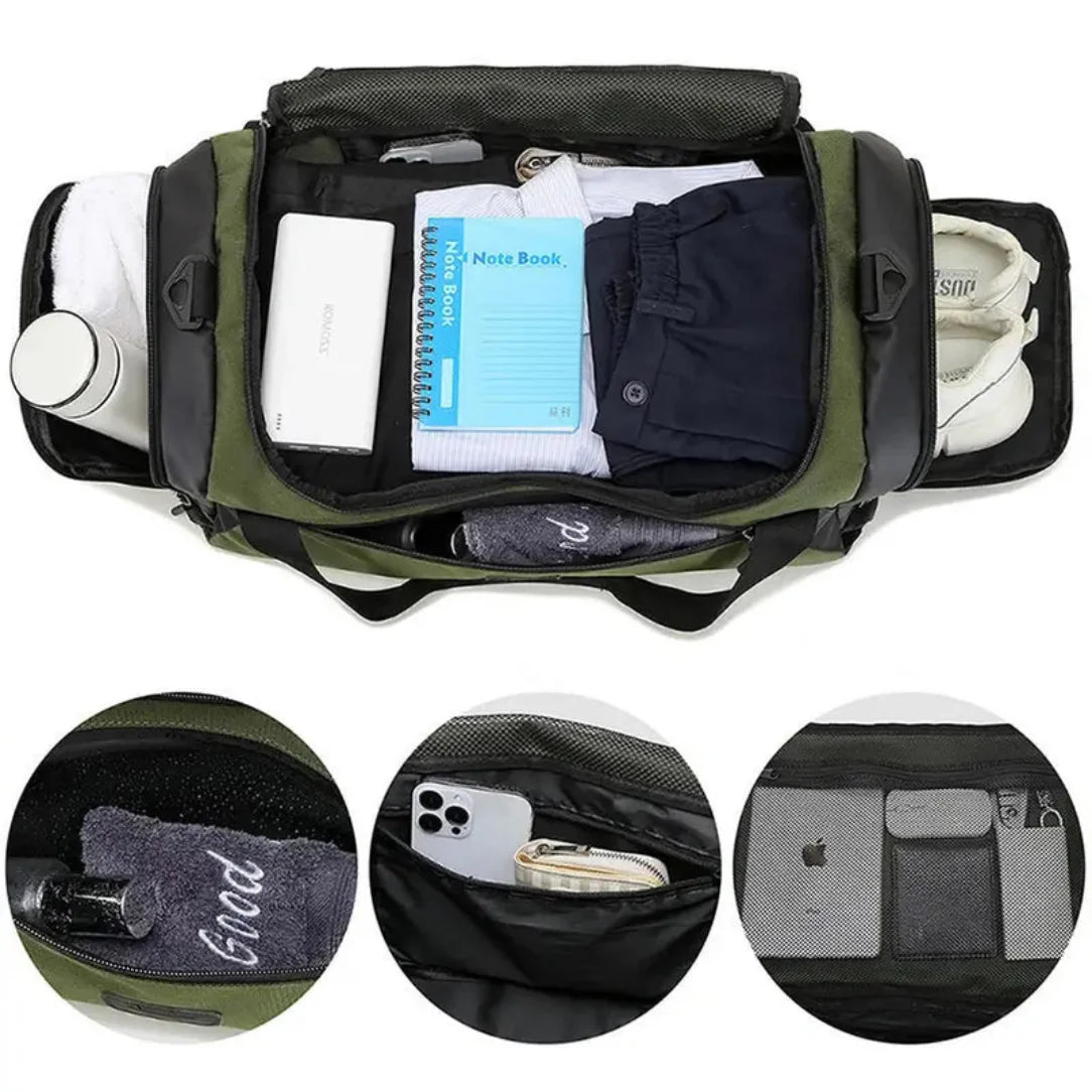 Sac à dos sport 40l olive vert et noir avec compartiments et articles emballés