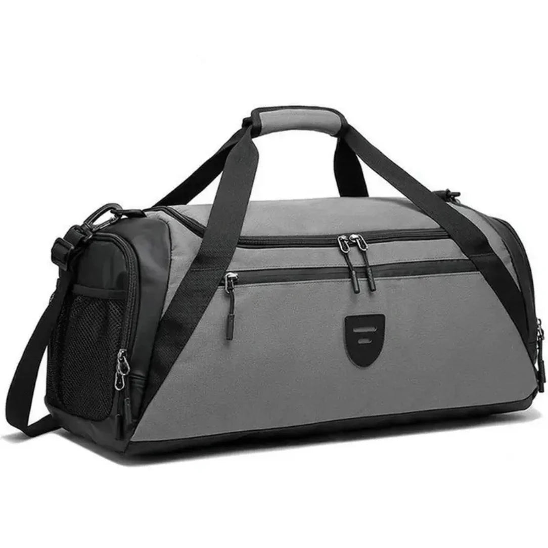Sac à dos sport 40l gris et noir avec compartiments zippés et poignées de transport