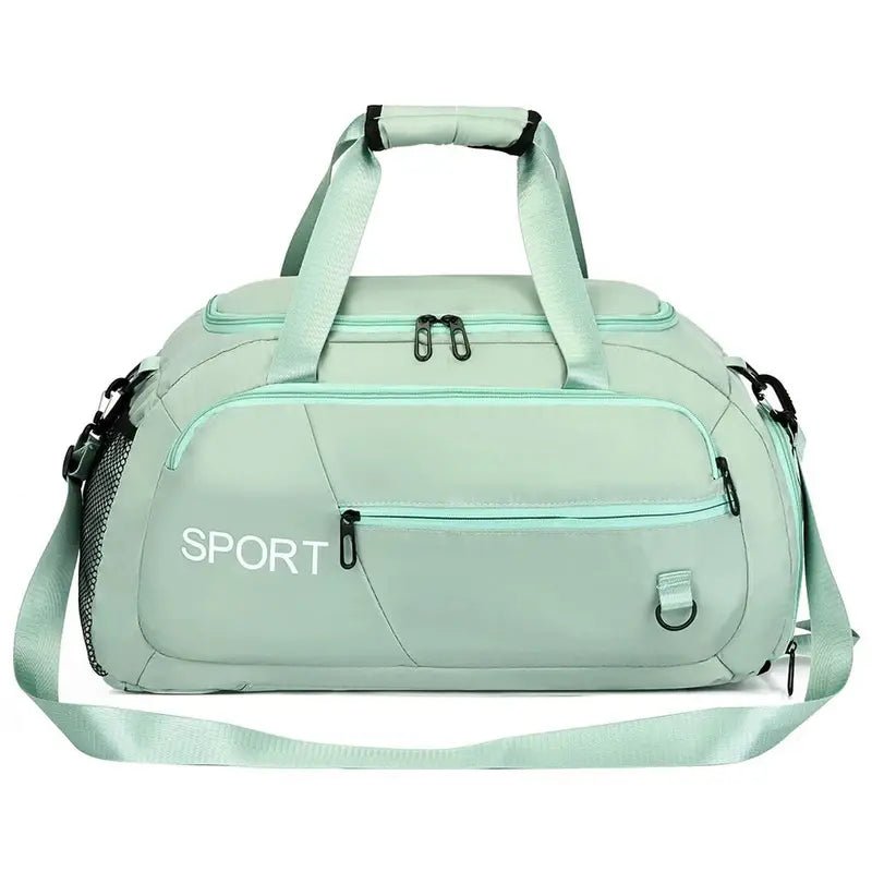 Sac à dos sport femme vert clair avec bandoulière et multiples poches zippées