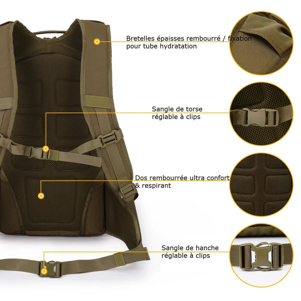 Sac à dos tactique militaire 35L 600D olive vert avec bretelles ajustables et dos respirant