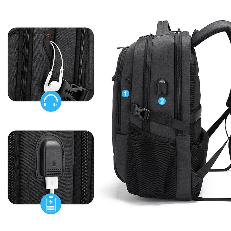 Sac à dos télétravail FlexWork noir avec ports USB et écouteurs externes