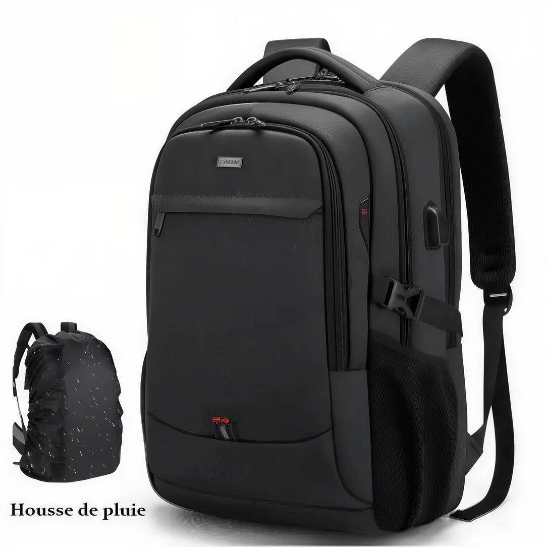 Sac à dos télétravail FlexWork noir avec port de charge USB et couverture pluie