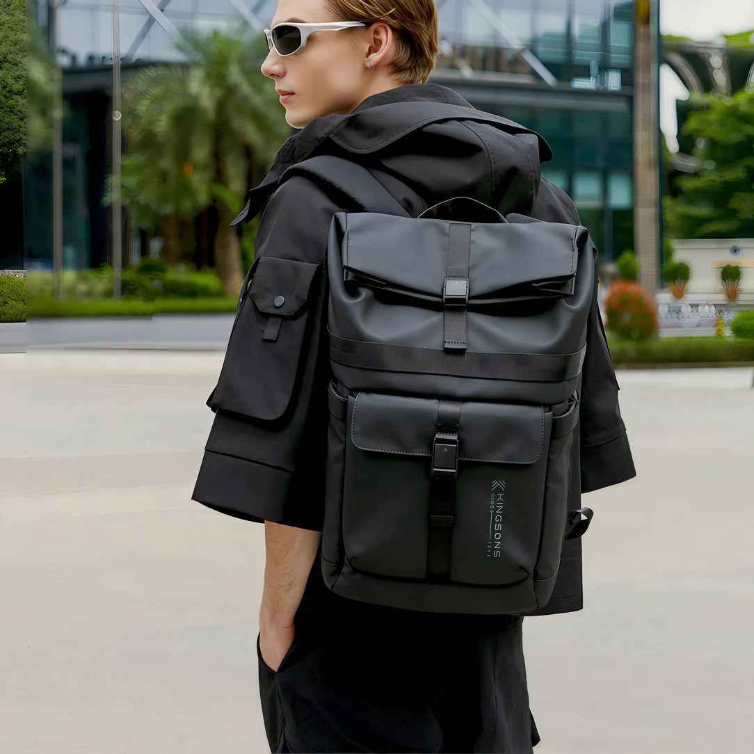 Sac à dos urbain noir avec poches extérieures et boucles, KingsRoll I